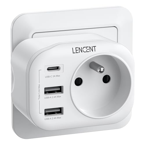LENCENT Prise USB Secteur Chargeur 4 en 1 avec 1 Prise, 1 Type C et 2 USB Multiprise Un Mini pour Chambre Cuisine Bureau 4000W Compatible avec Phone