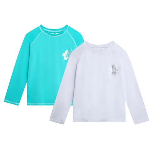 Real Love Girls' Rash Guard Shirts - 2 Piece Quick Dry Crew Neck Long Sleeve Swimming Shirts for Girls (Sizes: 2T-16), Size White-Mint, White-Mint
