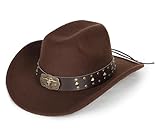 Schwarzer Cowboy-Cowgirl-Hut für Damen und Herren, Western-Stil, breite Krempe, Filz, Fedora-Hut mit abnehmbarer Gürtelschnalle, D-braun, M