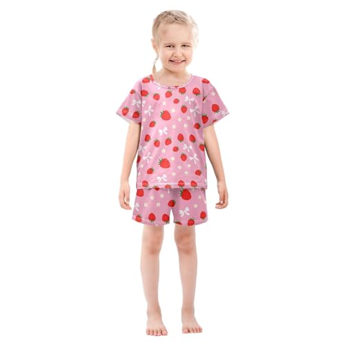 Strawberry Bow Flower Pajama Set Short Sleeve Pajamas Shorts Sets Cotton Soft Loungewear Sleepwear 5Y3
