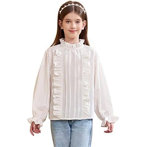 maoo garden Girls White Blouse Peter Pan Ruffle Long Sleeve Cotton Button Down Uniform Dress Shirts 2350 10Y Cover