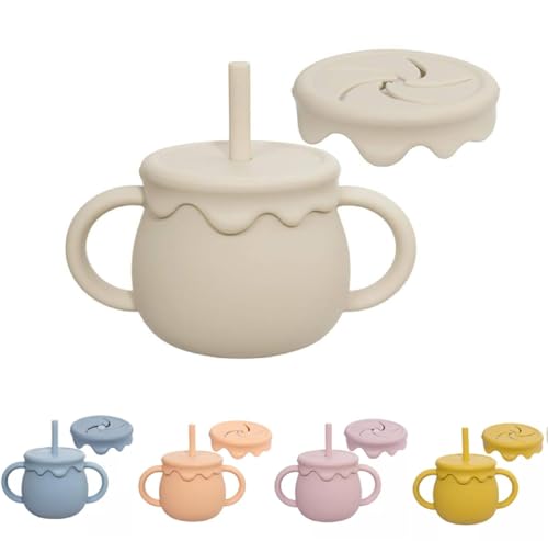 Image of Moonkie 2-in-1 Silicone Baby Cups with Straw and Lid for Snacks, 8.5 oz Spill-Proof Sippy Cups, Training Cup for Toddlers Ages (Lavender)