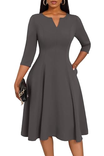 Image of Nmoder Midi Dresses for Women A-Line Fit and Flare Dress 3 /4 Sleeve V Neck Cocktail Wedding Guest Work Dress with Pockets
