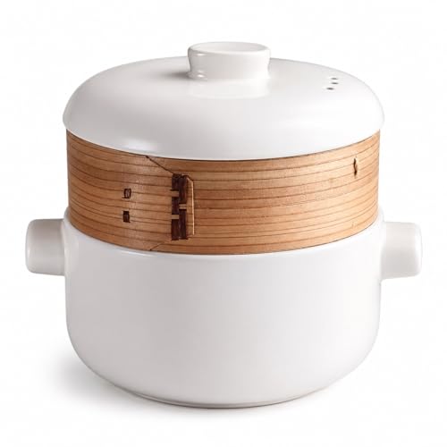 TQPGJJL Cazuela Cerámica Japonesa Donabe Con Cesta Vapor Bambú, Olla Barro, Olla Servir Mesa Resistente Calor, Ideal Para Inauguración Casa Y Regalos Navideños(Milk White,2.5L/2.3QT)