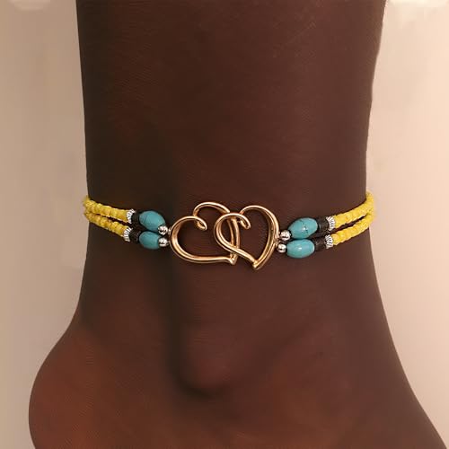 Image of Elastic Beaded Ankle Bracelets for Women Double Heart Layered Stretch Ankle Bracelets Waterproof Dainty Boho Beaded Anklets for Summer Beach Foot Jewelry
