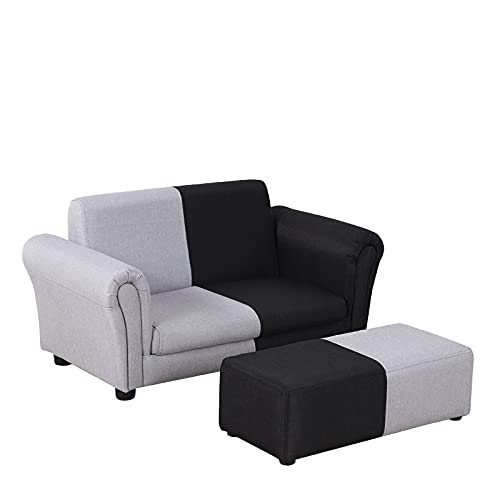Yoonnie Room Kid Couch/ 2-Seater Kid Sofa Chair With Big Ottoman/Toddler Couch With Linen Fabric/Big Children Sofa Couch For 0-3 Years (Black+ Grey) #TOP14