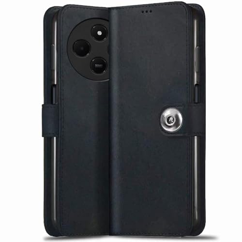Image of TheGiftKart Genuine Leather Finish Flip Back Cover Case for Mi Redmi A4 5G / Redmi 14C 5G / Poco C75 5G / Poco M7 5G | Inbuilt Pockets & Stand | Designer Button Magnet Flip Cover (Faux Leather, Black)