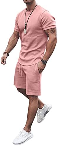 Dcohmch Men Summer Tracksuit 2 Piece Outfits Short Sleeve T-Shirts and Shorts Jogging Sets Athletic Sports Suit Sweatsuits Sportswear (Pink, Large)