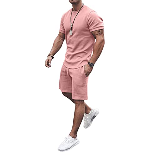 Dcohmch Men Summer Tracksuit 2 Piece Outfits Short Sleeve T-Shirts And Shorts Jogging Sets Athletic Sports Suit Sweatsuits Sportswear (Pink, Large) #TOP10