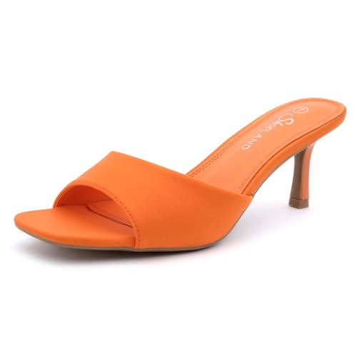 Shoe Land Womens Low Heels Stiletto Heeled Slides Open Toe One Band Slip-On Heeled Mules Dressy Heeled Sandals for Prom Party Wedding and Vacation Orange Size 7.0 Deverena