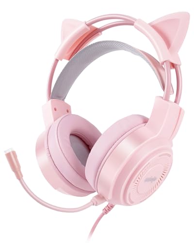 Image of Upgraded Pink Gaming Headset for PS4, PS5, Xbox One, PC, Switch, Laptop, Mobile - Cat Ears, Noise-Canceling Mic, 7.1 Surround Sound, LED Light, Soft Memory Earmuffs for Ultimate Comfort