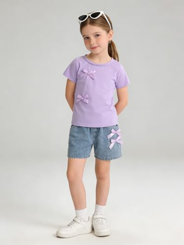 Image of Azmxynol Kid Girls Clothes Outfits Bowknot T-Shirt + 2 In 1 Denim Short Skort Summer Clothing Set, Size 4-10 Years