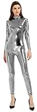 speerise Women Shiny Metallic Unitard Long Sleeve Catsuit Bodysuit Gray XXL
