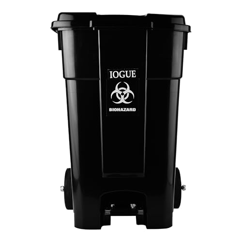 Image of 60 Liter Heavy Duty Wheel Pedal Dustbin, Biohazard Design, Black, Plastic, Cylindrical, Glossy Finish,(BLACK)