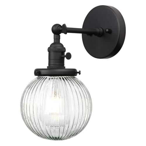 Image of PERMO Vintage Industrial Wall Sconce Matte Black Single Wall Sconces with 5.9 inch Round Clear Globe Ribbed Glass Shade Hardwired Wall Light for Bedroom Livingroom Office