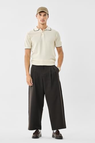 Image of SNITCH Men Casual Trousers | Baggy Fit Wide-Leg Design with Pleated Front & Button Closure | Durable Polyester Blend & Medium-Stretch Fabric for Summer Wear