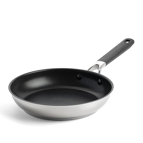 KitchenAid Classic Stainless Steel Poêle à Frire de 24 cm en Acier Inoxydable Sans PFAS Céramique Saine Non-adhésive, Clad, Induction, Poignée Stay-Cool, Va au Four jusqu'à 160°C, Argent