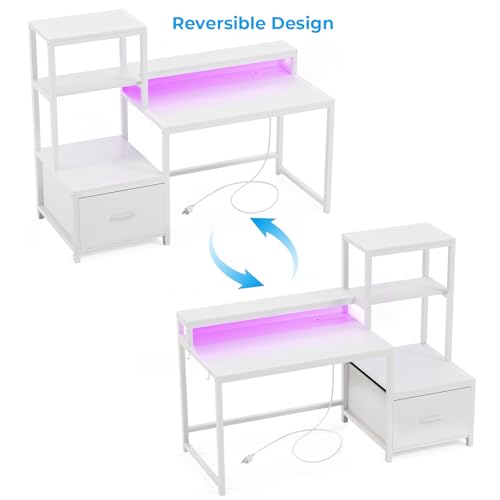 Image of GreenForest Computer Desk with Drawers and Monitor Stand, Home Office Desk with Storage Shelves, Small Gaming Desk with Power Outlets and LED Lights for Study Writing Working, 51 inch White