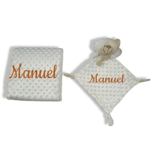 Manta de Bebe Personalizado con su Nombre Bordado, Cochecito o capazo. Manta + DouDou (Blanco) Cover