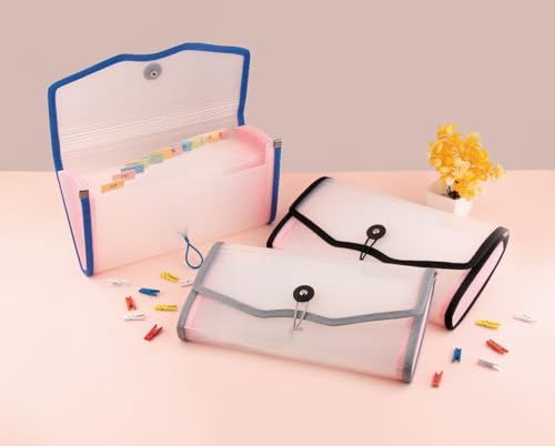 Image of Polen 2 Pcs Expanding Cheque Book Holder Case, 13 Pocket Transparent Passbook Holder /Bill Folder /Passport /Memo Card /Cash Storage Pouch Organizer with Elastic Closure.(Blue)