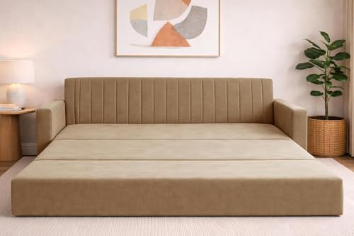 Image of Sofa-Cum-Bed | Three-Seater Foldable Sofa Bed Couch with Armrest | Velvet Fabric Sofa for Living Room, Bedroom & Office-Golden