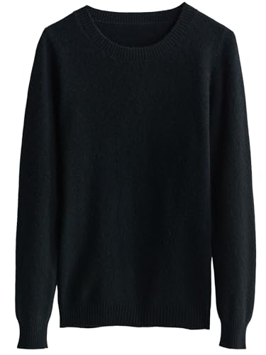 Chanyarn 100% Lana Merino Jersey Mujer Otoño Invierno Cálido Suave Cuello Redondo Manga Larga de Punto Jersey Suéter (Black,S)