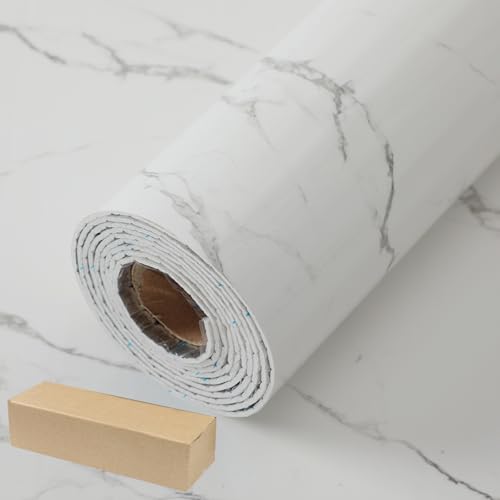 Baketron Marmor Tapete Weiß Mamorfolie Selbstklebend Marmortapeten Wand Klebefolie Marmoroptik Glatt Küchentapete - Wandpaneele Küche Wanddeko Schlafzimmer Wohnzimmer Badezimmer 40cm x 300cm