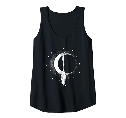 Crescent Moon Witch Broom Vintage Halloween Girls Women Tank Top, Women, Black, X-Large