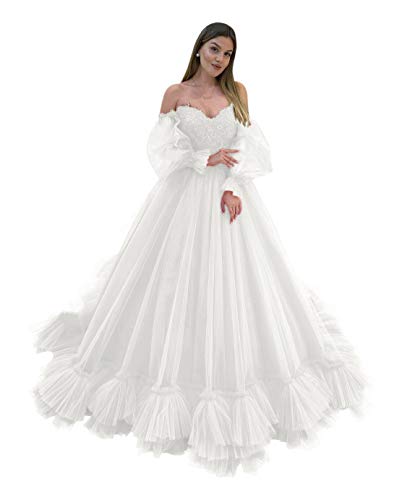 Harsuccting Women's Puffy Sleeve Prom Dress Lace Ball Gown for Quinceanera Gown Off Shoulder Formal Evening Party GownWhite 6