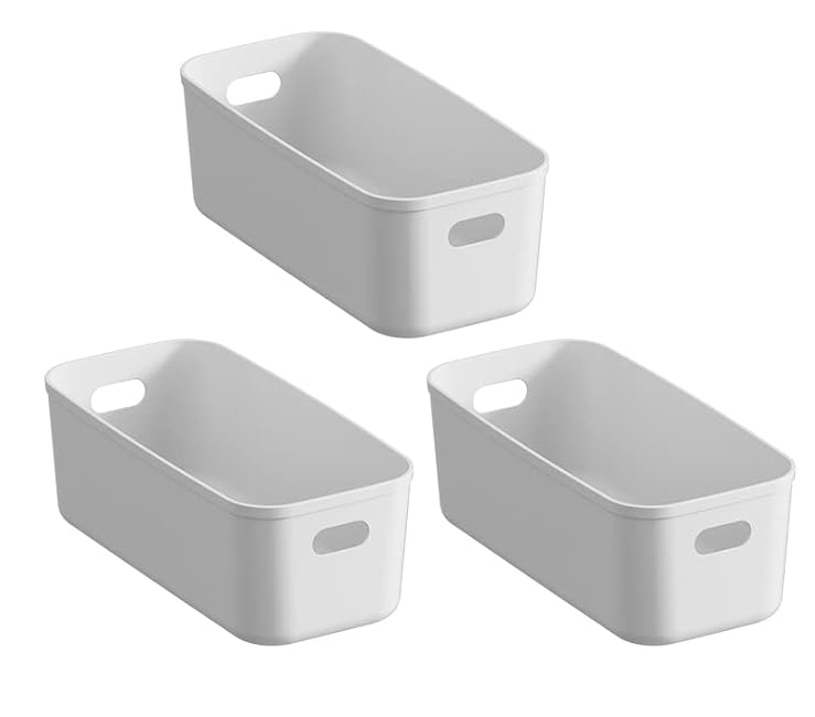 White Plastic Bins / Storage Organizers - Pantry Baskets, Bins for Shelves, Organizer and Storage for Bathroom, Bedrooms, Kitchens and More - Small Size (3 Pack)