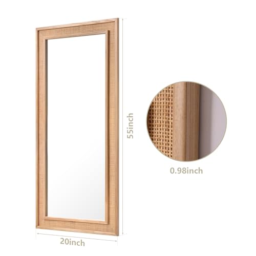 Rattan Full Length Mirror, 20"x55" Decorative Long Rattan Floor Mirror, Rectangle Wooden Full Body Mirror with Wicker Frame Hanging for Bathroom Living Dressing Room - Image 5