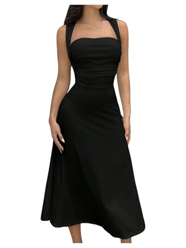 SOLY HUX Women's Square Neck Formal Dress Sleeveless Flowy A Line Ruched Waist Elegant Long Dresses