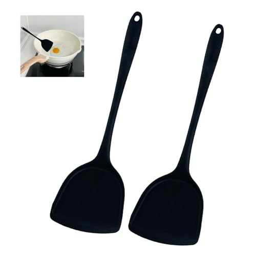 2 Stück 32 cm Silikon-Wokpfannenwender/Löffel | Antihaftbeschichtung, Hitzebeständiger Silikon Wok Spatel Pfannenwender, Pfannenwenderloffel für...