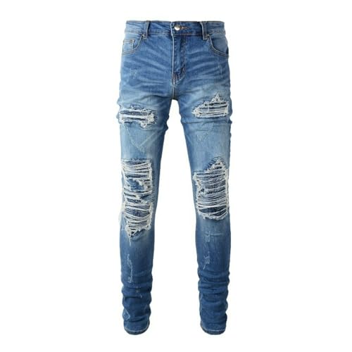 Jeans Pants Trouser Denim Men Stretch Tight Fit Slim Trendy Street Washed Blue Grinding Fading Patched Casual(Blue,29)2