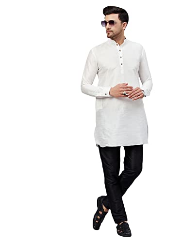 Image of VM Men Men's White and Black Cotton Blend Kurta Pyjama Set