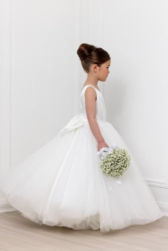 Puffy Tulle Flower Girl Dress Backless Pearls Beaded First Communion Dress Kids O-Neck Satin Formal Party Gowns3