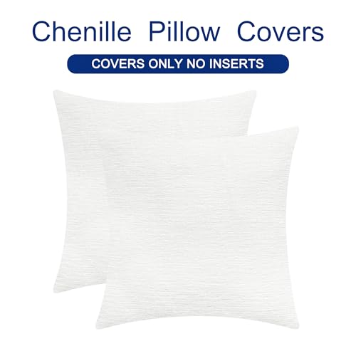 Image of CaliTime Throw Pillow Covers Decorative 16 X 16 Inches Pack of 2 Cozy Chenille Cushion Cases for Couch Sofa Bed Living Room Home True White