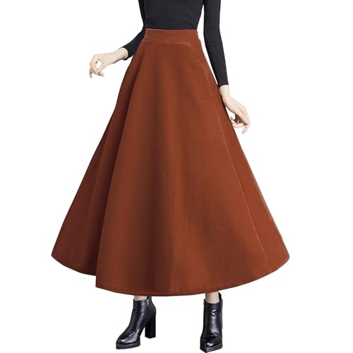 Women's High Elastic Waist Maxi Wool Skirt A-line Plaid Winter Warm Flare Long Skirt