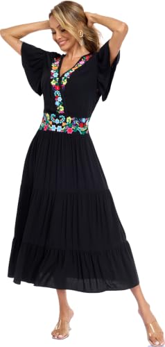 Image of Women's Summer Maxi Dress Casual Floral Embroidered Round Neck Short Sleeve Ruffle Tiered Dress Flowy Boho Beach Sundress