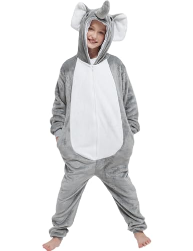 ACOGNA Elephant Onesie Kids Animal Costume for Girls Boys One Piece Pajamas Unisex Plush Soft Halloween Cosplay for Christmas Gray 8-9 Years