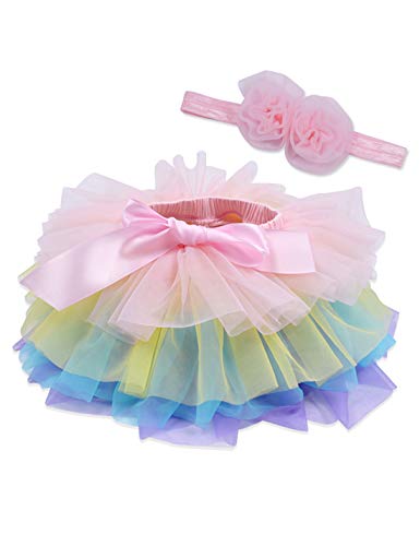 Baby Girls Tutu Bloomers Diaper Cover Cotton Tulle Bloomers and Headband Set Rainbow 6-12 Months