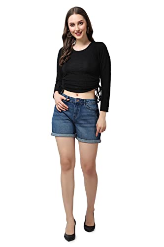 Image of POPWINGS Casual Self Design Regular Fit Polyester Full Sleeves Crop Tops for Women with Crush String