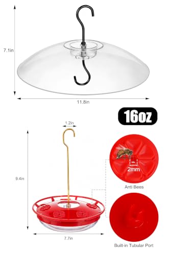 Image of FEED GARDEN Hummingbird Feeder with Rainproof Dome, 16oz Nectar Feeder 11.8 inch Rain Guard Weatherproof Ant Moat Easy Fill & Clean Hanging Leak-Proof BPA-Free