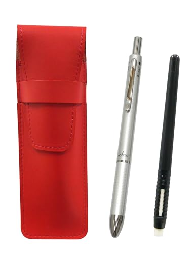 スリム牛革ペンケース赤 ペン型消しゴム 黒と3メカシルバーセット T23-ASRMC46B-3MS