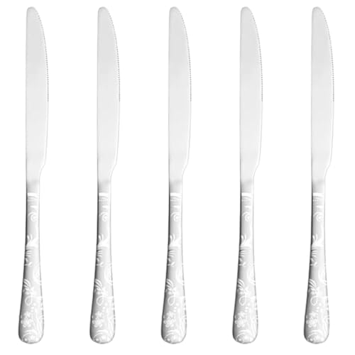 Image of 9.1 inch Sterling Silver Dinner Knives With Floral Printed Handle | 5-Piece Premium Stainless Steel Flatware Set of Steak Knives | Elegant Cutlery for Home, Restaurants, and Gifting