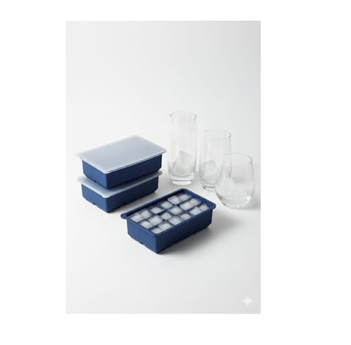 Image of Ice Cube Molds with Lid,Big Silicone Ice Cube Tray for Whiskey,2Inch Square Ice Cube Tray,Easy-Release Ice Mold,Giant Ice Cubes for Bourbon Cocktail (3, Navy Blue)