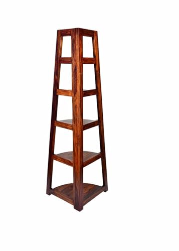 Image of HITHOS Solid Sheesham Wood 5 Tier Corner Shelf | Wooden Ladder Bookcase for Living Room, Bedroom and Office | Floor Standing Home Decor Display Rack for Plants & Books (Brown Finish)