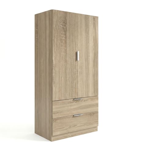 duehome | Armario de 2 Puertas y 2 cajones, Modelo Lark, Acabado en Color Roble, Medidas: 81 cm (Ancho) x 180 cm (Alto) x 52 cm (Fondo)