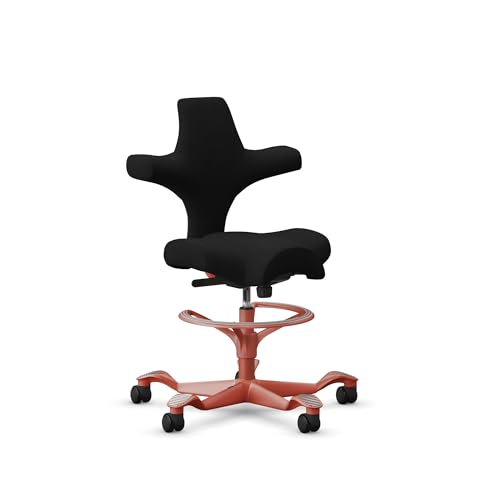 Image of HAG Capisco Sit to Stand Chair-Blush Rose Frame-Upholstered Black Onyx Vinyl-with Foot Ring