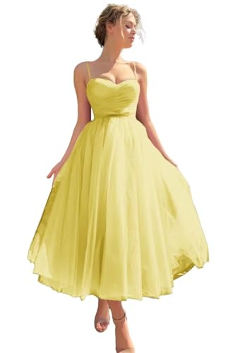 Image of A line Ruched Tulle Prom Dress Spaghetti Straps for Women, Tea Length Sweetheart Homecoming Dress Cocktail Dress